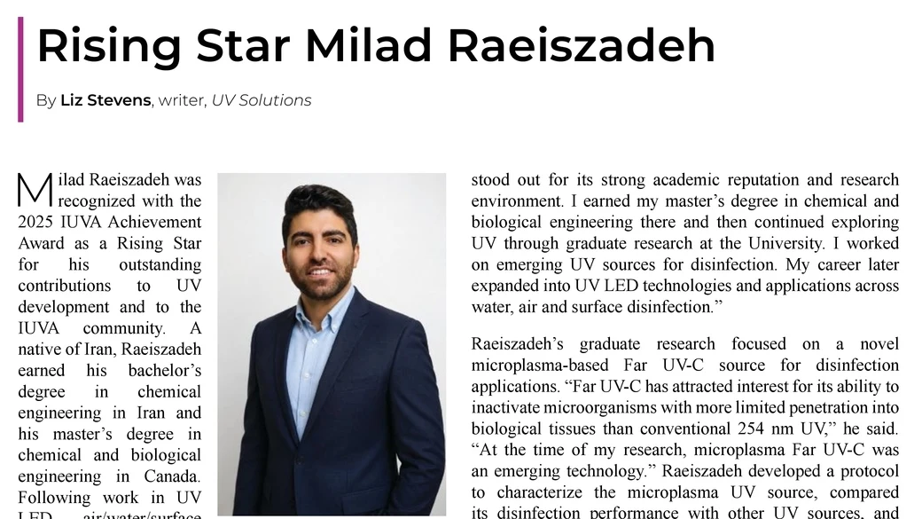 UV Solutions profile of Milad Raeiszadeh, Clear's vice president of engineering and operations